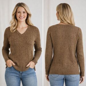 Kim Rogers Womens Sweater Large Brown Rib Knit V-Neck 100% Cotton Pullover